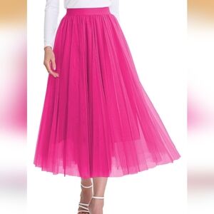 Women’s Tulle Skirts Midi Elastic High Waist Pleated Mesh Flowy A-Line Pink Sz S
